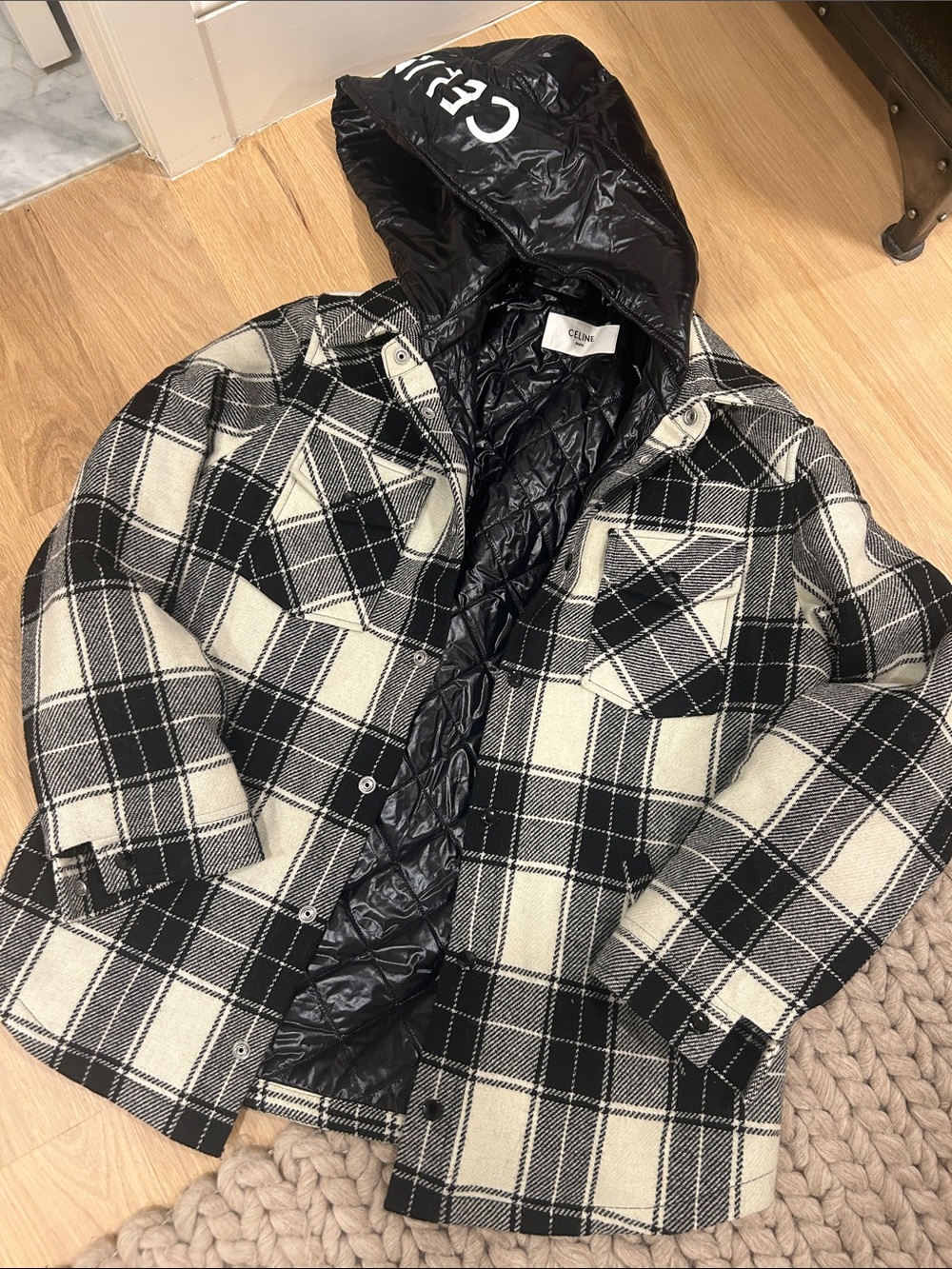 Celine Black & White Plaid Wool quilted jacket with removable Hood